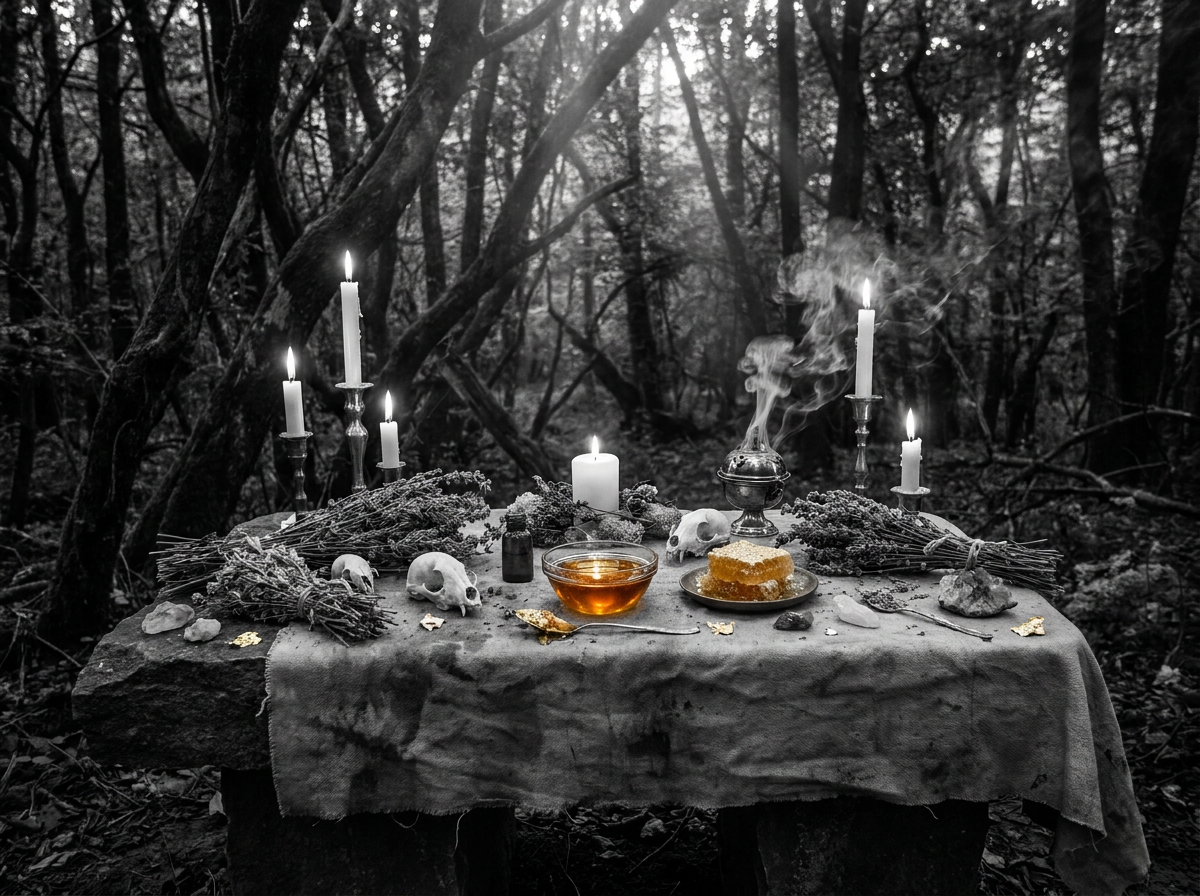 Sacred altar with candles and honey offerings
