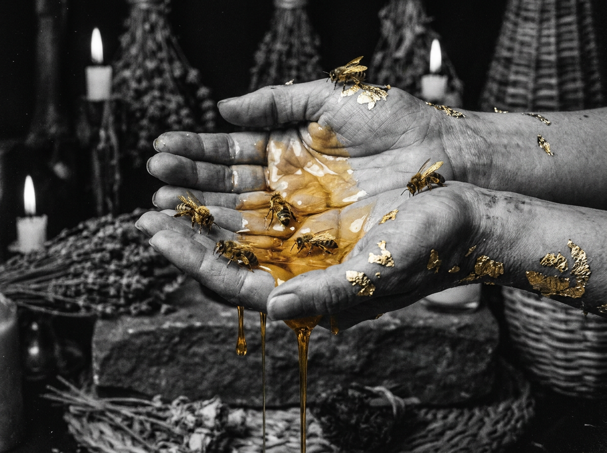 Sacred hands holding golden honey with bees — an altar offering