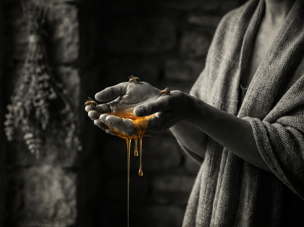 Hands cupping golden honey with bees — sacred offering