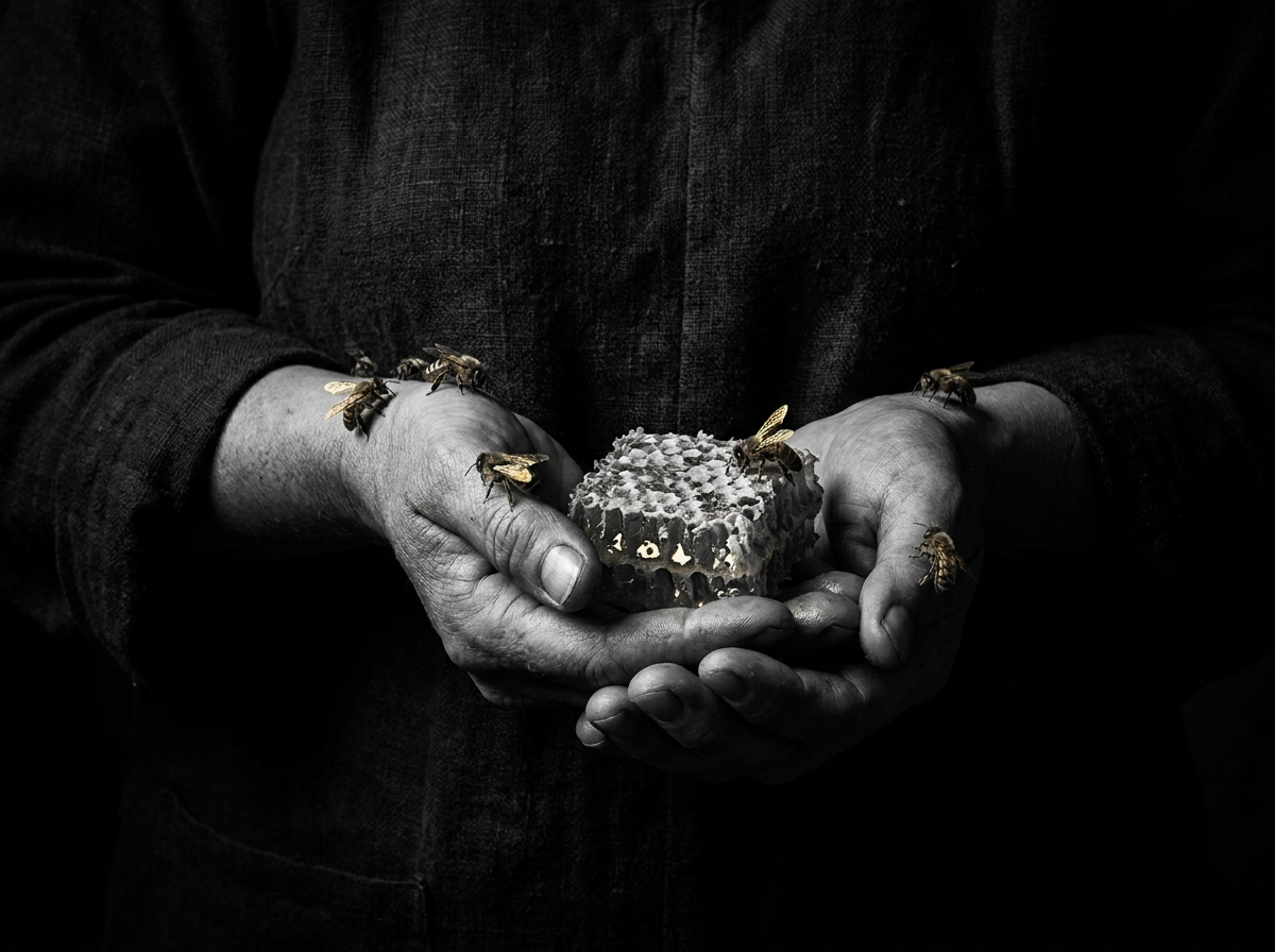 Hands cradling honeycomb with bees