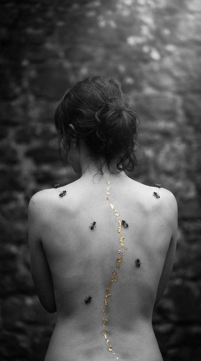 A woman's back adorned with gold leaf and bees — the sacred feminine